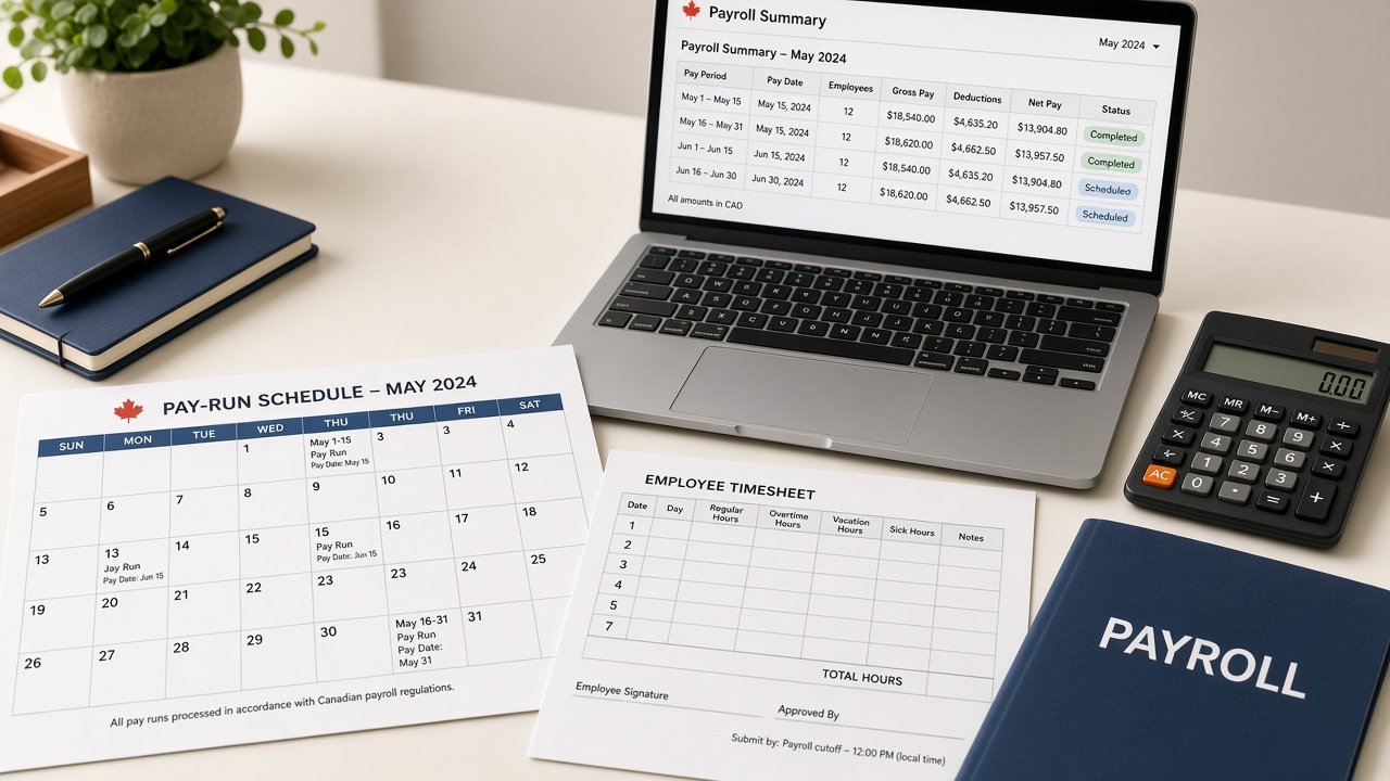 Payroll desk with pay-run schedule, payroll folder, timesheets, and summary laptop